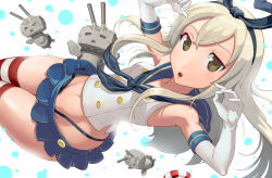 Rule 34 | &gt; &lt;, 10s, 1girl, agira, blue skirt, blush, breasts, brown eyes, closed eyes, elbow gloves, gloves, hairband, highleg, highleg panties, kantai collection, long hair, microskirt, midriff, navel, open mouth, panties, pleated skirt, red thighhighs, rensouhou-chan, sailor collar, shimakaze (kancolle), skindentation, skirt, small breasts, solo, striped clothes, striped thighhighs, thighhighs, torn clothes, torn panties, underwear, white gloves, wide hips