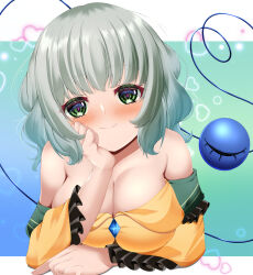 Rule 34 | 1girl, absurdres, bare shoulders, breasts, closed mouth, commentary request, gradient background, green background, green eyes, green hair, heart, heart of string, highres, komeiji koishi, large breasts, musi tino, smile, solo, third eye, touhou, upper body