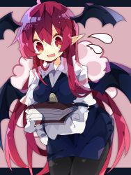 Rule 34 | 1girl, bat wings, black dress, black pantyhose, black wings, book, collared shirt, commentary, cowboy shot, demon girl, dress, embarrassed, frilled shirt collar, frills, hair between eyes, head wings, highres, holding, holding book, koakuma, long hair, long sleeves, looking at viewer, nikorashi-ka, one-hour drawing challenge, open mouth, pantyhose, pointy ears, red eyes, red hair, shirt, solo, sweatdrop, touhou, very long hair, wavy mouth, white shirt, wings