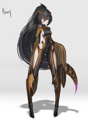 Rule 34 | 1girl, absurdres, black hair, breasts, commentary request, fantasy, full body, gradient background, grey background, highres, hip vent, horns, ikasamahideo, long hair, looking at viewer, original, pigeon-toed, ponytail, purple eyes, shadow, sideboob, signature, sleeves past wrists, slit pupils, small breasts, solo, standing, very long hair, white background
