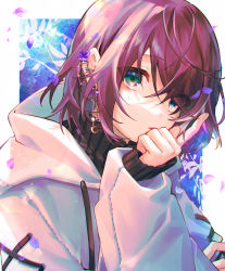 Rule 34 | 1boy, absurdres, androgynous, black sweater, commentary, crescent, crescent earrings, cross-laced clothes, drawstring, earrings, flower, green eyes, head rest, highres, hood, hoodie, index finger raised, jewelry, long sleeves, looking at viewer, male focus, multiple earrings, original, petals, purple flower, purple hair, ribbed sweater, sainome (imveryfinethx), short hair, sleeves past wrists, solo, sweater, swept bangs, symbol-only commentary, turtleneck, turtleneck sweater, upper body