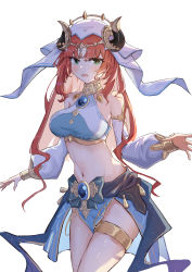 Rule 34 | 1girl, absurdres, bare shoulders, blue skirt, breasts, brooch, commentary, cowboy shot, crop top, detached sleeves, genshin impact, green eyes, highres, horns, hua (yijing), jewelry, large breasts, long hair, long sleeves, looking at viewer, midriff, navel, nilou (genshin impact), open mouth, red hair, simple background, skirt, solo, standing, stomach, thighlet, thighs, veil, very long hair, white background