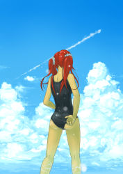 Rule 34 | 1girl, adjusting clothes, adjusting swimsuit, ass, cloud, contrail, day, from behind, garsuke, long hair, one-piece swimsuit, original, red hair, sky, solo, swimsuit, twintails