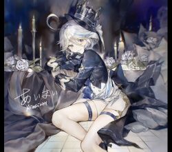 Rule 34 | 1girl, ascot, black ascot, black footwear, black gloves, blue brooch, blue eyes, blue hair, blue hat, blue jacket, candle, candlestand, cowlick, floor tiles, flower, foot out of frame, furina (genshin impact), genshin impact, gloves, hair intakes, hat, heterochromia, high-waist shorts, high heels, highres, jacket, light blue hair, long hair, long sleeves, looking at viewer, on floor, parted lips, pillarboxed, rose, shorts, smile, solo, thigh strap, top hat, white flower, white rose, white shorts, xuemen