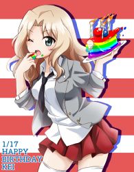 Rule 34 | 10s, 1girl, black necktie, blazer, blonde hair, blouse, blue eyes, cake, candle, character name, cowboy shot, dated, dress shirt, eating, english text, food, food on face, girls und panzer, grey jacket, hair intakes, happy birthday, highres, holding, holding food, jacket, kay (girls und panzer), long hair, long sleeves, looking at viewer, miniskirt, necktie, open clothes, open jacket, open mouth, parda siko, pleated skirt, rainbow order, red background, red skirt, saunders school uniform, school uniform, shadow, shirt, skirt, sleeves rolled up, solo, striped, striped background, thighhighs, white shirt, white thighhighs