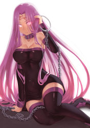 Rule 34 | 1girl, bad id, bad pixiv id, bare shoulders, black footwear, black thighhighs, boots, breasts, cleavage, collar, detached sleeves, dress, facial mark, fate/hollow ataraxia, fate/stay night, fate (series), forehead mark, garutaisa, highres, large breasts, long hair, medusa (fate), medusa (rider) (fate), nameless dagger (fate), purple eyes, purple hair, solo, square pupils, thigh boots, thighhighs, very long hair, zettai ryouiki