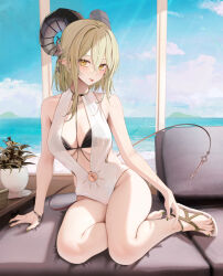 Rule 34 | 1girl, :p, bare shoulders, blush, bracelet, breasts, cameltoe, clothing cutout, curled horns, ear piercing, highres, horns, jewelry, key, large breasts, long hair, looking at viewer, navel, navel cutout, one-piece swimsuit, original, piercing, pointy ears, ru zhai, sidelocks, slippers, solo, swimsuit, tail, thighs, tongue, tongue out, tongue piercing