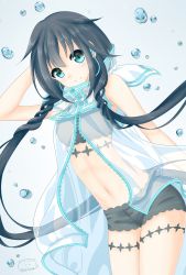 Rule 34 | 1girl, bandeau, bare shoulders, black hair, blue background, coat, cowboy shot, hand in own hair, highres, kalina (skiki86320), long hair, looking at viewer, scarf, see-through, shorts, simple background, smile, solo, standing, thigh strap, utau, very long hair, water, water drop, xia yu yao
