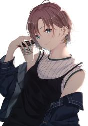 Rule 34 | 1girl, aqua eyes, asakura toru, bad id, bad pixiv id, bare shoulders, black dress, black jacket, blue nails, brown hair, closed mouth, coffee cup, commentary request, cup, disposable cup, dress, earrings, fingernails, highres, holding, holding cup, idolmaster, idolmaster shiny colors, jacket, jewelry, long fingernails, long sleeves, looking at viewer, nail polish, off shoulder, open clothes, open jacket, pinafore dress, saitou (lynx-shrike), shirt, short hair, simple background, sleeveless, sleeveless dress, smile, solo, striped clothes, striped shirt, upper body, vertical-striped clothes, vertical-striped shirt, white background, white shirt