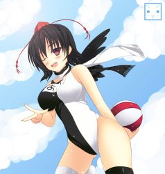 Rule 34 | 1girl, ball, beachball, black hair, black thighhighs, blush, cloud, day, female focus, hat, highres, looking at viewer, ngirln4, one-piece swimsuit, one eye closed, open mouth, red eyes, scarf, shameimaru aya, short hair, sky, smile, solo, swimsuit, thighhighs, tokin hat, touhou, v, white thighhighs, wings, wink