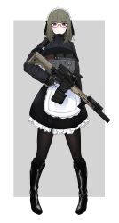 Rule 34 | 1girl, absurdres, apron, artist request, assault rifle, boots, drum magazine, girls&#039; frontline, glasses, gloves, green hair, gun, highres, magazine (weapon), maid, maid apron, maid headdress, original, pantyhose, rifle, scope, short hair, skirt, solo, suppressor, tactical clothes, tactical maid, trigger discipline, unconventional maid, vertical forward grip, vest, weapon
