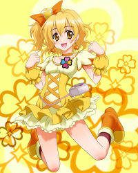 Rule 34 | 00s, 1girl, :d, blonde hair, boots, cure pine, dress, earrings, female focus, fresh precure!, hair ornament, heart, heart hair ornament, jewelry, magical girl, open mouth, peter (artist), precure, short hair, skirt, smile, solo, yamabuki inori, yellow background, yellow skirt, yellow theme
