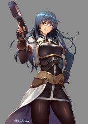 Rule 34 | 1girl, armor, artist name, blue eyes, blue hair, contrapposto, cuboon, gun, hand on own hip, handgun, lips, maria traydor, matching hair/eyes, pantyhose, simple background, solo, standing, star ocean, star ocean till the end of time, weapon