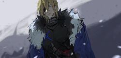 1boy armor armored_gloves black_armor black_fur blonde_hair blood blood_on_face blood_on_hands blue_cape blue_eyes blurry blurry_background cape closed_mouth dimitri_alexandre_blaiddyd downcast_eyes eyepatch fire_emblem fire_emblem:_three_houses fur_trim hair_between_eyes highres looking_at_hand male_focus medium_hair nintendo one_eye_covered simple_background snowing solo upper_body white_fur yingqian1010