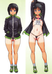 Rule 34 | 1girl, arm up, black hair, blue eyes, breasts, cleft of venus, exhibitionism, flat chest, hands in pocket, hands in pockets, highres, jacket, legs, looking at viewer, micro panties, nipples, no pants, open clothes, open jacket, panties, public indecency, revealing clothes, shiwasu no okina, shoes, short hair, simple background, small breasts, sneakers, socks, solo, tan, tanline, track jacket, underwear, wedgie