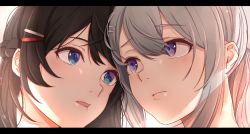 Rule 34 | 2girls, black hair, blue eyes, blush, braid, close-up, closed mouth, eye contact, french braid, hair ornament, hairclip, highres, higuchi kaede, letterboxed, light particles, looking at another, mole, mole under eye, multiple girls, nijisanji, parted lips, portrait, purple eyes, silver hair, tsukino mito, virtual youtuber