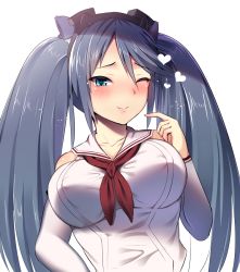Rule 34 | 1girl, ;), ayagi daifuku, blue eyes, blue hair, blush, breasts, closed mouth, collarbone, covered erect nipples, detached sleeves, hand up, heart, isuzu (kancolle), kantai collection, large breasts, lips, long hair, long sleeves, looking at viewer, neckerchief, one eye closed, red neckerchief, shirt, simple background, sketch, smile, solo, twintails, upper body, very long hair, white background, white shirt