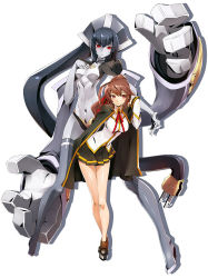 Rule 34 | 2girls, black hair, black panties, black skirt, blazblue, blazblue: central fiction, boots, bow, brown eyes, brown footwear, brown hair, cape, celica a. mercury, colored skin, expressionless, full body, grey footwear, grey skin, highres, katou yuuki, long hair, looking at viewer, minerva (blazblue), miniskirt, multiple girls, navel, official art, panties, pleated skirt, ponytail, red bow, red eyes, shadow, shiny skin, shirt, shoes, short hair, skirt, smile, standing, thigh boots, thighhighs, underwear, white background, white shirt