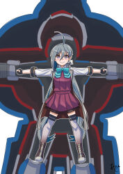 Rule 34 | 1girl, ahoge, akashieru, aqua bow, aqua bowtie, artist logo, black gloves, bow, bowtie, coat, dress, fingerless gloves, full body, gloves, grey coat, grey eyes, grey hair, grey pantyhose, grey thighhighs, hair between eyes, halter dress, halterneck, highres, kantai collection, kiyoshimo (kancolle), kiyoshimo kai ni (kancolle), long hair, low twintails, machinery, one-hour drawing challenge, outstretched arms, pantyhose, purple dress, solo, standing, thighhighs, twintails, very long hair