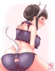 Rule 34 | 1girl, alternate costume, anal, anal object insertion, anal tail, animal ears, artist logo, ass, back, black panties, bra, braid, braided bun, breasts, brown eyes, brown hair, cat cutout, cat ears, cat lingerie, choker, clothing cutout, dated, embarrassed, fake animal ears, fake tail, frilled bra, frills, hair bun, hair ornament, hairclip, highres, kanon (kurogane knights), kantai collection, large breasts, lingerie, long hair, looking at viewer, meme attire, myoukou (kancolle), object insertion, one-hour drawing challenge, panties, paw cutout, purple bra, purple choker, purple panties, simple background, single hair bun, solo, sweatdrop, tail, underwear, underwear only, white background