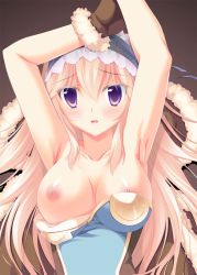 Rule 34 | 1girl, alternate color, armpits, arms up, blonde hair, blue dress, blush, breasts, brown cape, brown dress, brown gloves, cape, commentary request, dress, fur-trimmed cape, fur-trimmed gloves, fur trim, gloves, hair between eyes, headdress, high wizard (ragnarok online), highres, large breasts, long hair, looking at viewer, maru (sasayama chikage), nipple slip, nipples, open mouth, purple eyes, ragnarok online, solo, strapless, strapless dress, two-tone dress, upper body
