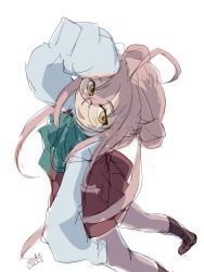 Rule 34 | 10s, 1girl, 2016, 4suke, ahoge, aqua bow, artist name, black footwear, blush, boots, bow, dated, double bun, dutch angle, glasses, grey pantyhose, hair between eyes, hair bun, kantai collection, leaning back, long hair, long sleeves, makigumo (kancolle), open mouth, pantyhose, pink hair, red skirt, school uniform, simple background, skirt, sleeves past wrists, smile, solo, standing, white background, yellow eyes