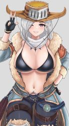 Rule 34 | 1girl, arm up, bikini, black bikini, black gloves, blush, breasts, character request, cleavage, copyright name, copyright request, cowboy hat, denim, desspie, fingerless gloves, gloves, grin, hand on own hip, hat, highres, jeans, large breasts, long hair, looking at viewer, mole, mole under eye, navel, one eye closed, pants, parted lips, purple eyes, silver hair, smile, solo, swimsuit, teeth, v