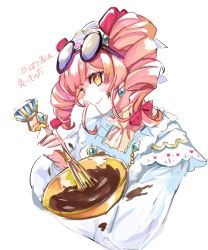 Rule 34 | 1girl, apron, blush, bow, bowl, chocolate, closed mouth, commentary request, cooking, crystal, crystal earrings, dress, drill hair, earrings, eyewear on head, food, food on face, frills, from side, gem, glasses, hair between eyes, hair bow, hair ribbon, hands up, hat, highres, jewelry, long sleeves, medium hair, orange eyes, pink bow, pink hair, pink ribbon, puffy long sleeves, puffy sleeves, purple hat, ribbon, simple background, smile, solo, sunglasses, tamatetama, touhou, touhou danmaku kagura, translation request, twintails, upper body, white apron, white background, white dress, yorigami jo&#039;on
