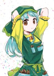 Rule 34 | 1girl, alternate eye color, apron, arm ribbon, arms up, belt, blue hair, blue ribbon, bow, breasts, brown eyes, brush, closed mouth, commentary request, confetti, dress, flower, frills, green apron, green belt, green bow, green headwear, hands up, haniyasushin keiki, head scarf, highres, jewelry, leaf, long hair, looking at viewer, magatama, magatama necklace, medium breasts, necklace, pocket, puffy short sleeves, puffy sleeves, ribbon, scarf, short sleeves, simple background, smile, solo, standing, tama (hiroshige 36), tools, touhou, white background, white flower, yellow dress