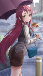 Rule 34 | 1girl, absurdres, ahoge, ass, bag, blush, braid, breasts, burger, car, closed mouth, commentary, commentary request, crosswalk, eating, english commentary, food, green eyes, handbag, hataraku maou-sama!, highres, holding, holding food, holding umbrella, long hair, long sleeves, looking at viewer, looking back, mixed-language commentary, motor vehicle, outdoors, pencil skirt, plaid, plaid skirt, rain, red hair, shirt, silvertsuki, single braid, skirt, solo, traffic light, umbrella, very long hair, vest, yusa emi