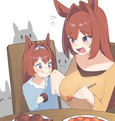 Rule 34 | 2girls, alternate costume, alternate hairstyle, breasts, brown hair, casual, collarbone, commentary request, commission, daiwa scarlet (umamusume), fang, food, highres, horse girl, kyutai x, large breasts, long hair, mother and daughter, multiple girls, red eyes, simple background, skeb commission, table, umamusume, umapyoi (phrase), white background