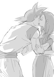 Rule 34 | 1boy, 1girl, black hair, bracelet, chi-chi (dragon ball), chinese clothes, couple, dougi, dragon ball, dragonball z, closed eyes, greyscale, hetero, imminent kiss, jewelry, kiss, long hair, miiko (drops7), monochrome, shadow, simple background, son goku, spiked hair, white background