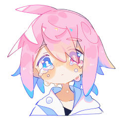 Rule 34 | 1boy, black shirt, blue eyes, blush, blush stickers, bright pupils, closed mouth, collarbone, commentary request, cowlick, crying, crying with eyes open, frown, hair between eyes, heterochromia, highres, hood, hood down, hoodie, looking at viewer, nose blush, original, pink eyes, pink hair, portrait, raito-kun (uenomigi), shirt, short hair, simple background, solo, tears, uenomigi, wavy eyes, white background, white hoodie, white pupils