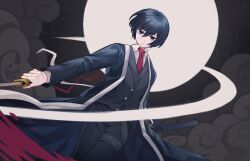 Rule 34 | 1boy, black kimono, black pants, black vest, closed mouth, cloud, collared shirt, cowboy shot, formal, full moon, gredell elle, highres, holding, holding sword, holding weapon, japanese clothes, katana, kimono, limbus company, long sleeves, looking at viewer, male focus, moon, necktie, night, night sky, open clothes, open kimono, pants, project moon, red necktie, shirt, sky, slashing, solo, suit, sword, vest, weapon, white shirt, yi sang (project moon)