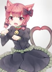 Rule 34 | 1girl, animal ears, bad id, bad pixiv id, bell, black dress, braid, cat ears, cat tail, dress, fang, heart, heart tail, heart tail duo, highres, kaenbyou rin, looking at viewer, multiple tails, open mouth, papo, paw pose, red dress, red eyes, smile, solo, tail, touhou, twin braids, two tails