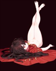 Rule 34 | 1girl, barefoot, black background, black hair, bottomless, cape, fate/grand order, fate (series), feet, from behind, full body, grin, hair between eyes, kodamari, legs up, long hair, looking at viewer, looking back, lying, naked cape, oda nobunaga (fate), oda nobunaga (koha-ace), on back, red cape, red eyes, simple background, smile, solo, toes