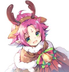 Rule 34 | 1girl, antlers, bell, bow, cape, facial mark, fae (fire emblem), fae (winter) (fire emblem), fire emblem, fire emblem: the binding blade, fire emblem heroes, forehead mark, fur trim, green eyes, horns, miwabe sakura, nintendo, open mouth, pointy ears, purple hair, reindeer antlers, short hair, simple background, solo, upper body, white background