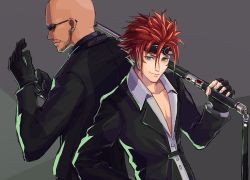 Rule 34 | 2boys, adjusting clothes, adjusting gloves, aqua eyes, back-to-back, bald, baton (weapon), black gloves, black jacket, black shirt, black suit, collared shirt, earrings, facial hair, facial mark, final fantasy, final fantasy vii, final fantasy vii remake, fingerless gloves, formal, gloves, goatee, goggles, goggles on head, grey background, hair between eyes, jacket, jewelry, looking at viewer, male focus, multiple boys, multiple earrings, open collar, over shoulder, parted bangs, red hair, reno (ff7), rude (ff7), shirt, short hair, smile, spiked hair, suit, suit jacket, sunglasses, upper body, uxspwt1u79uz1gu, weapon, weapon over shoulder, white shirt
