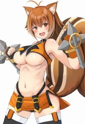 Rule 34 | 1girl, acorn, animal ear fluff, animal ears, antenna hair, armpits, bare shoulders, black gloves, blazblue, breasts, brown eyes, brown hair, fingerless gloves, gloves, hair between eyes, highleg, highleg panties, highres, large breasts, looking at viewer, makoto nanaya, navel, open mouth, panties, revealing clothes, solo, squirrel ears, squirrel girl, squirrel tail, stomach, tabii, tail, underboob, underwear