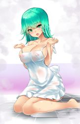 Rule 34 | apron, bare shoulders, breasts, collarbone, covered erect nipples, fang, green eyes, green hair, highres, karaage (ta-na), large breasts, long hair, looking at viewer, naked apron, open mouth, original, see-through, solo, wet, wet clothes