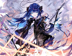 Rule 34 | 1girl, :d, absurdres, arknights, artist name, black jacket, black shorts, blue eyes, blue hair, cowboy shot, fur-trimmed jacket, fur trim, highres, holding, holding weapon, horns, jacket, long hair, long sleeves, looking at viewer, mostima (arknights), open mouth, sheya, shirt, short shorts, shorts, signature, smile, solo, standing, weapon, white shirt, wide sleeves