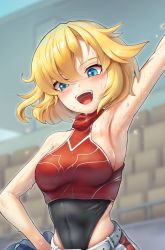 Rule 34 | 1girl, armpits, arms up, asymmetrical hair, blonde hair, blue eyes, blush, breasts, cheerleader, close-up, future princess, grin, guardian tales, hand on own hip, highres, open mouth, seo (tqhgud016), short hair, sleeveless, smile, sweat, upper body