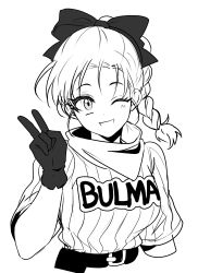 Rule 34 | 1girl, ;d, arm at side, belt, braid, braided ponytail, breasts, bulma, character name, chu yeon, clothes writing, cropped torso, dot nose, dragon ball, dragon ball (classic), eyelashes, gloves, greyscale, hair ribbon, hand up, highres, light blush, looking at viewer, medium breasts, monochrome, neckerchief, one eye closed, open mouth, ribbon, simple background, smile, solo, striped, upper body, v, vertical stripes, white background
