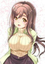 Rule 34 | 1girl, :d, arms behind back, blush, breasts, brown hair, cherry blossoms, floral background, frapowa, green jacket, hair between eyes, jacket, kunikida hanamaru, large breasts, long hair, looking at viewer, love live!, love live! sunshine!!, open clothes, open jacket, open mouth, petals, plaid, plaid skirt, purple skirt, ribbed shirt, shirt, sidelocks, skirt, smile, solo, turtleneck, upper body, yellow eyes, yellow shirt, | |