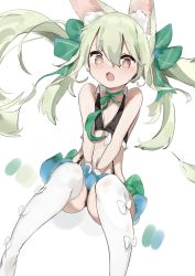 Rule 34 | 1girl, :o, animal ear fluff, animal ears, art556 (girls&#039; frontline), bare arms, bare shoulders, black panties, bow, brazil, brown eyes, choker, collared shirt, crop top, fang, flat chest, floating hair, girls&#039; frontline, green choker, green hair, green skirt, hair bow, highres, long hair, looking at viewer, microskirt, midriff, navel, open mouth, panties, panty peek, revealing clothes, ribbon choker, sabashi, shirt, simple background, skirt, sleeveless, sleeveless shirt, solo, stomach, suspenders, thighhighs, twintails, underwear, v arms, white background, white shirt, white thighhighs
