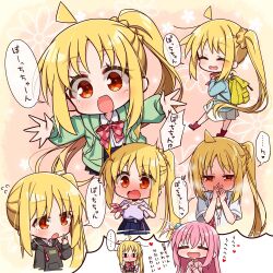 Rule 34 | ..., 2girls, :t, = =, ^^^, ^ ^, ahoge, black hoodie, blonde hair, blush, bocchi the rock!, casual, chika (06chimika13), closed eyes, closed mouth, commentary request, cube hair ornament, dress shirt, embarrassed, eyelashes, eyes visible through hair, facing viewer, full-face blush, gotoh hitori, green jacket, hair ornament, half-closed eyes, hand up, happy, heart, hood, hoodie, ijichi nijika, imagining, jacket, long hair, long sleeves, looking at viewer, lovestruck, multiple girls, nose blush, one side up, open clothes, open jacket, open mouth, outstretched arms, pink background, pink hair, pink jacket, pout, purple shirt, red eyes, school uniform, shirt, side ponytail, simple background, speech bubble, spoken ellipsis, steaming body, surprised, sweat, tears, translated, very long hair, visible air, white shirt