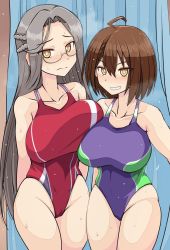 Rule 34 | 2girls, ahoge, azur lane, baltimore (azur lane), blush, braid, breasts, bright pupils, brown hair, closed mouth, competition swimsuit, cowboy shot, french braid, grey hair, highleg, highleg swimsuit, imagawa akira, large breasts, looking at viewer, looking to the side, multiple girls, one-piece swimsuit, shangri-la (azur lane), short hair, smile, swimsuit, yellow eyes