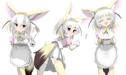 Rule 34 | 1girl, :3, animal ears, apron, blonde hair, blush, bow, bowtie, commentary request, cowboy shot, elbow gloves, embarrassed, extra ears, fennec (kemono friends), fox ears, fox girl, fox tail, gloves, gradient legwear, highres, karekusa meronu, kemono friends, ladle, leaning in, looking at viewer, multicolored hair, multiple views, nose blush, oven mitts, pink sweater, pleated skirt, pot, puffy short sleeves, puffy sleeves, short hair, short sleeves, skirt, sweater, tail, thighhighs, triangle mouth, two-tone gloves, two-tone hair, two-tone legwear, white apron, white gloves, white hair, white skirt, white thighhighs, yellow gloves, yellow neckwear, yellow thighhighs, zettai ryouiki
