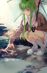 Rule 34 | 1girl, boots, c.c., code geass, creayus, full body, green hair, hair ribbon, jacket, knee boots, long hair, open mouth, ribbon, ribbon-trimmed clothes, ribbon trim, skirt, solo, umbrella, water, white footwear, yellow eyes