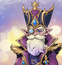 Rule 34 | 1boy, beard, black gloves, black hat, blue eyes, facial hair, gem, gloves, hand up, hat, jacket, league of legends, looking at viewer, monocle, multicolored background, phantom ix row, pink jacket, pointy ears, snowflakes, solo, upper body, white hair, winterblessed zilean, yellow background, zilean